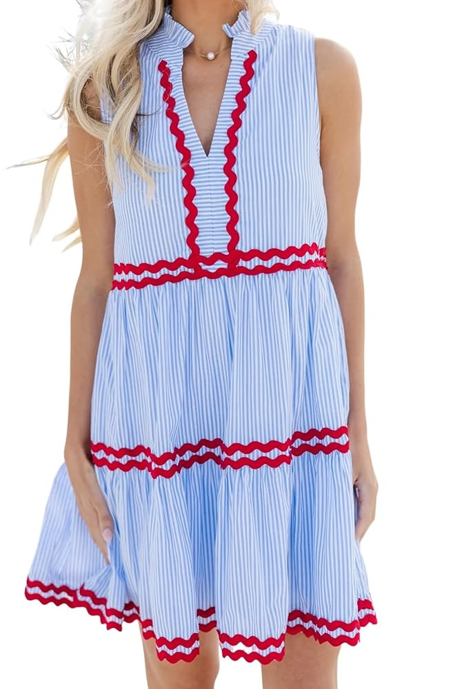 Kuraki Women's Cute Sleeveless Rickrack Tiered Striped Dress | Amazon (US)