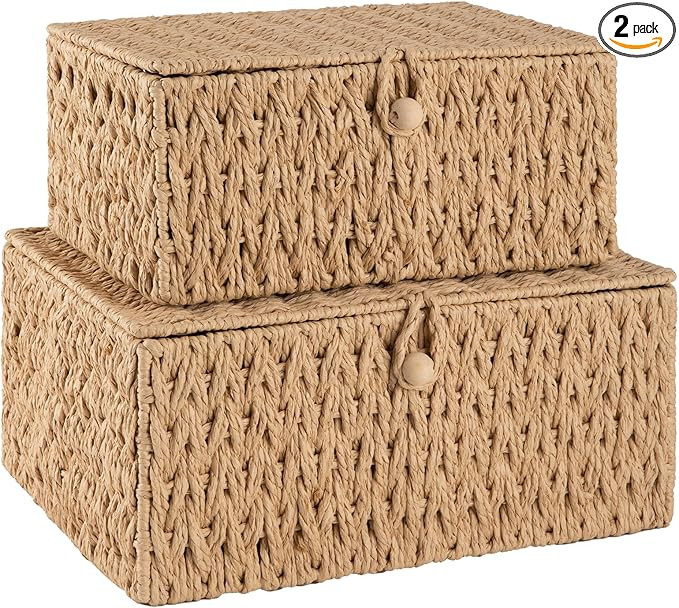OIAHOMY Wicker Storage Basket with Lid & Lock, Lidded Storage Bins, Decorative Baskets for Organi... | Amazon (US)