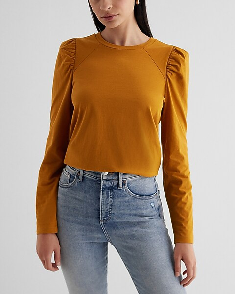 Crew Neck Puff Shoulder Long Sleeve Tee | Express