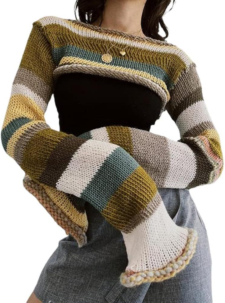 Y2k Knit Long Sleeve Shrug Crop Top Cut Out Crochet Bolero Tops See Through Sweater Harajuku Vintage | Amazon (US)