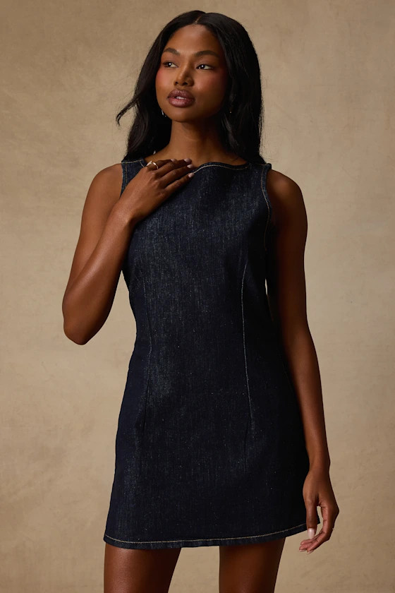 Little Dark Wash Denim Boat Neck Mini Dress | Lulus