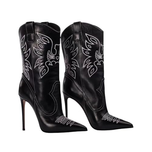 Saint Leia Women's Embroidered Western Cowboy Stiletto Heel Boots Pointed Toe Pull-Up Tabs Classic Cowgirl Dress Boot (Black, 6.5) | Amazon (US)