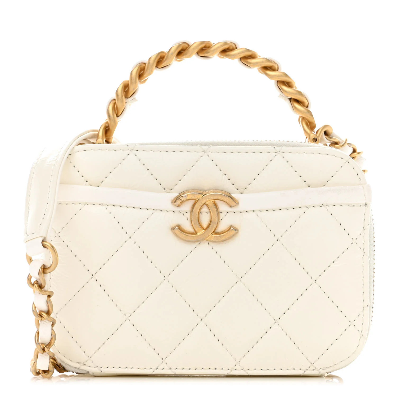 Crumpled Calfskin Quilted Mini Get Round Top Handle Vanity Case White | FASHIONPHILE (US)