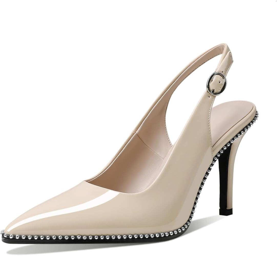 Zamikoo Women Beaded Pumps High Heel Slingback Pointed Toe Slip On 3.5 Inch Stilettos Ankle Strap... | Amazon (US)