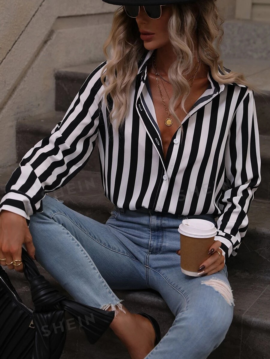 SHEIN Clasi Vertical Striped Print Button Up Shirt | SHEIN