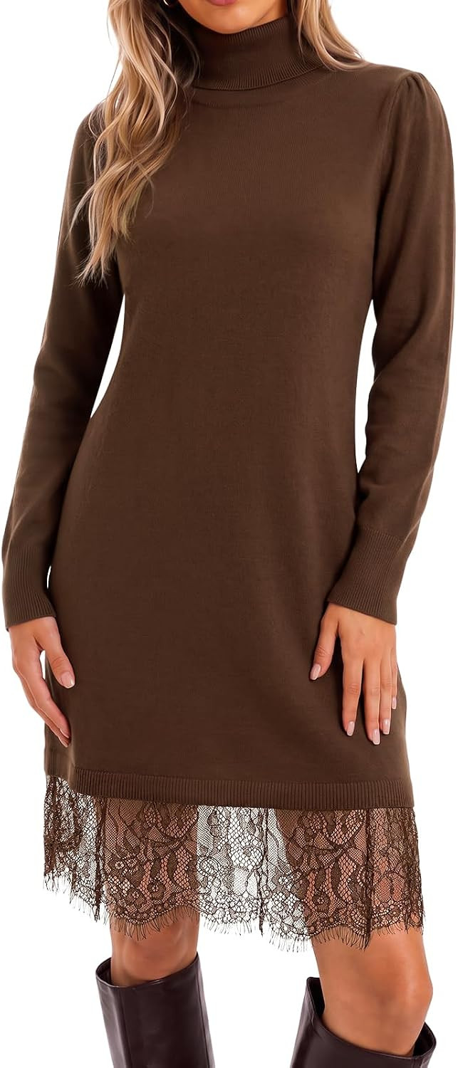 Cicy Bell Womens Turtleneck Long Sleeve Lace Knit Casual Sweater Mini Dress | Amazon (US)