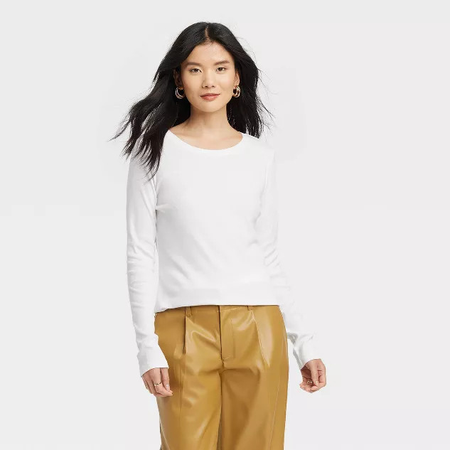 Women's Long Sleeve Ribbed T-Shirt - A New Day™ White XS | Target