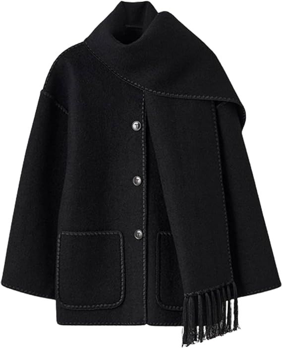 Women's Oversized Removable Scarf Fringe Collarless Wool Jacket Business Casual Fall Winter Wool ... | Amazon (US)