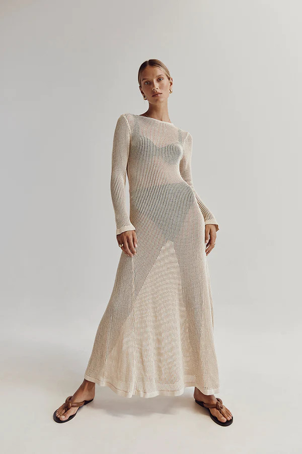 OPHELIA NATURAL LONG SLEEVE CROCHET MAXI DRESS | DISSH