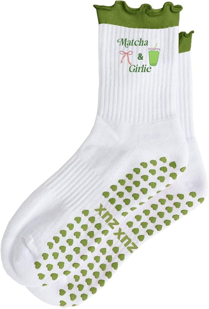 Women Cute Pilates Socks Grip Crew Yoga Socks Ruffle Cuff Embroidery Pattern Workout Ballet Socks | Amazon (US)