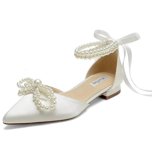Pearl Wedding Shoes for Bride Flats Pointed Toe Flat Bridal Shoes Women Evening Dress Shoes-Ivory-9 | Amazon (US)