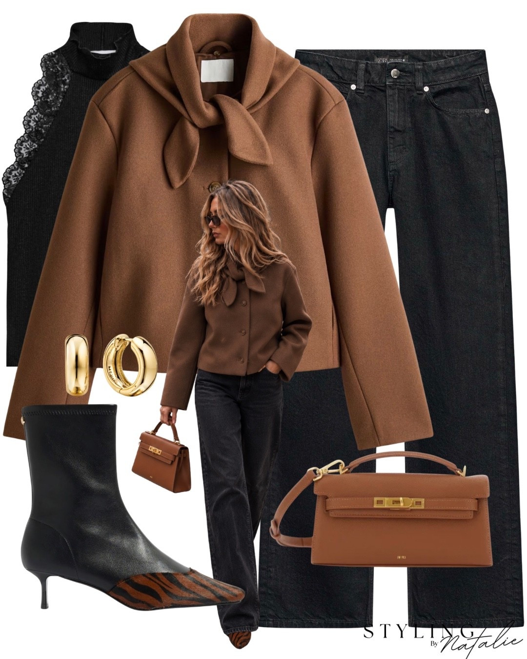 Scarf collar twill jacket, black jeans, lace top, animal print toe cap ankle boots with kitten heel, gold earrings and tan top handle bag. Casual chic, elevated casual, date night outfit, @Mejuri autumn outfit, fall fashion

#LTKuk #LTKautumn #LTKdatenight
