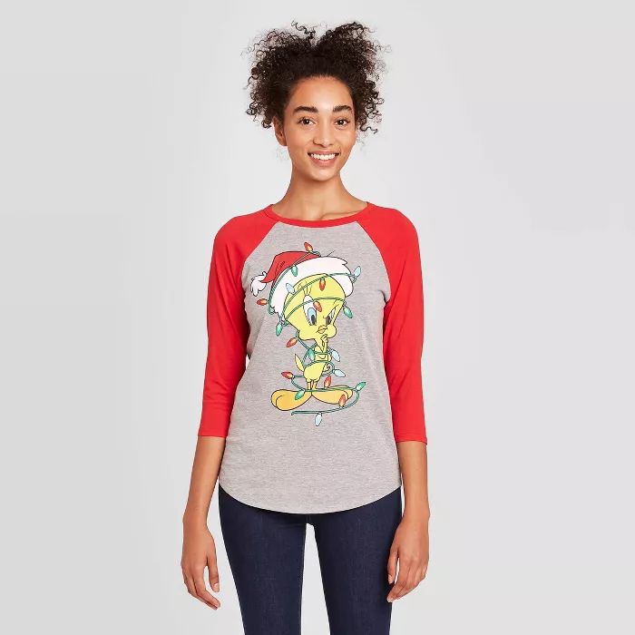 Women's Looney Tunes Tweety Bird Christmas 3/4 Raglan Sleeve Graphic T-Shirt - Heather Gray | Target