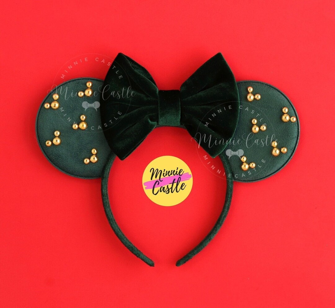 Emerald Green Velvet Bow Mouse Ears: Gold Pearl Mickey Ears Headband by Minnie Castle - Etsy | Etsy (US)