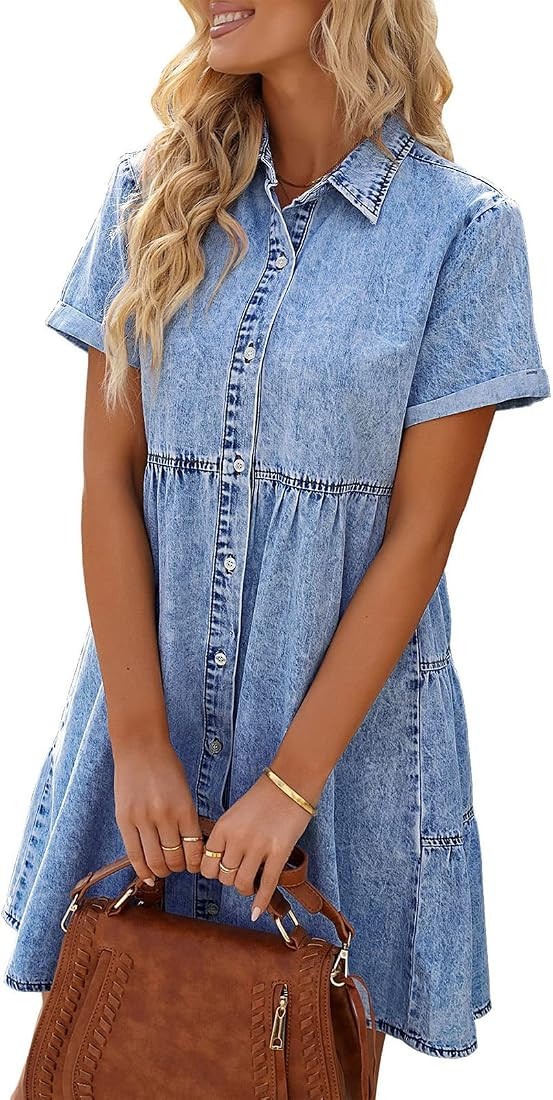 ALSOGO Women Denim Shirt Dress 3/4 Long Sleeves Casual Button Down Babydoll Flowy Jean Dresses | Amazon (US)