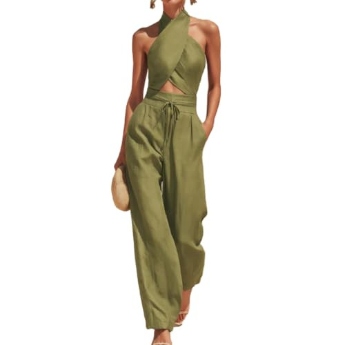 Women's Sexy 2 Piece Sets Cropped Halter Top High Waist Wide Leg Pants Going Out Club Outfits | Amazon (US)