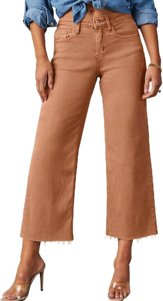 Allimy Women's High Waisted Straight Ankle Wide Leg Ripped Jeans Frayed Hem Stretchy Capri Denim ... | Amazon (US)