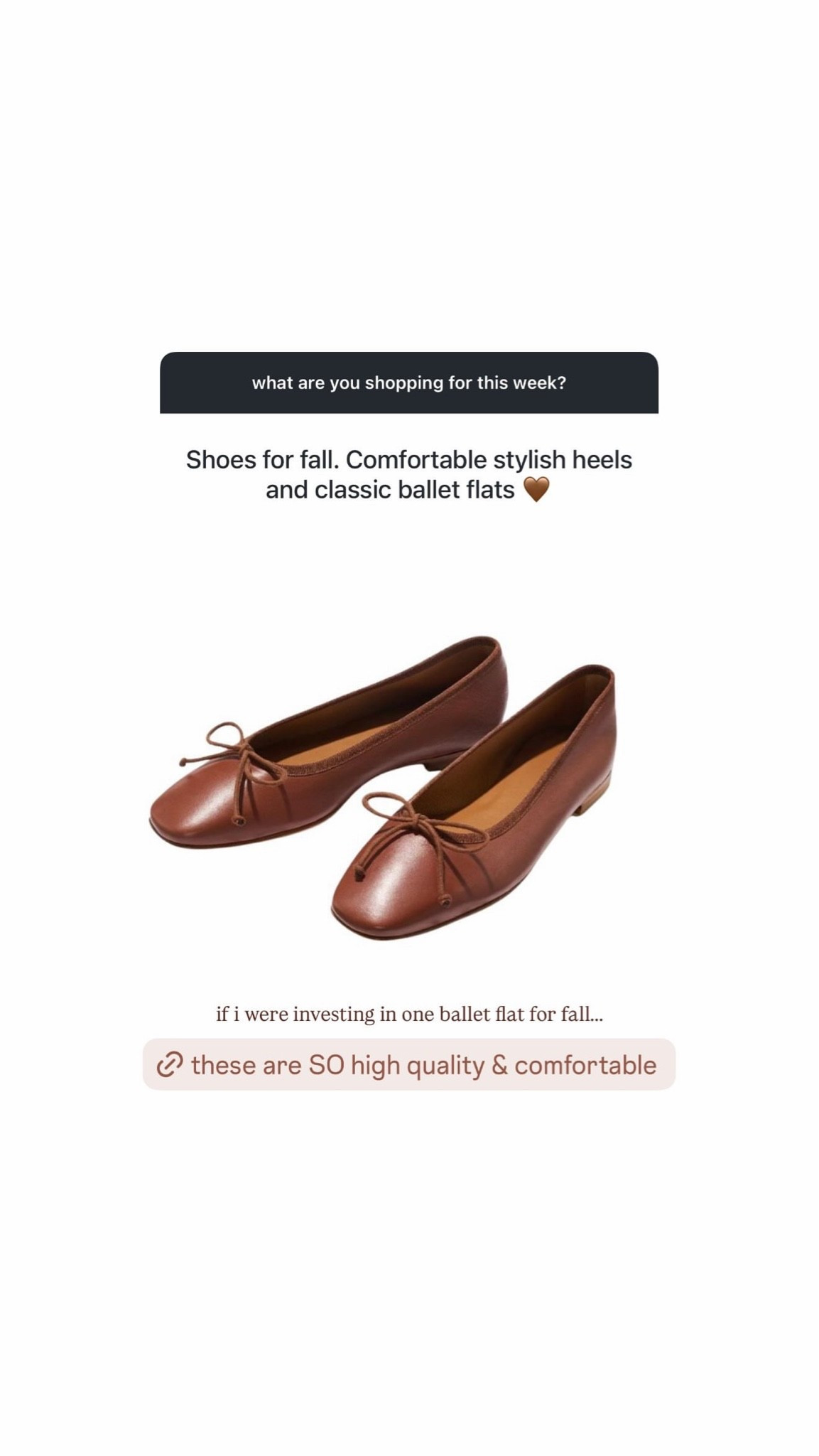 if i were investing in one ballet flat for fall, it would be these. the chocolate brown leather is so classic, and the little bow detail makes them feel feminine without being too sweet.

they’re also SO high quality + comfortable, which is everything when you want a pair you can actually wear all day. such a good forever shoe with denim, trousers, skirts, or dresses.

#LTKSeasonal