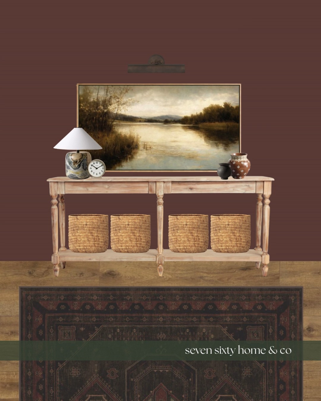 Heritage cottage entryway with warmth that feels settled from the first step inside.
This console moment leans into classic cottage layering with a light wood entry table, woven basket storage, and a landscape artwork that sets a calm, pastoral tone. Earthy pottery, a soft ceramic lamp, and timeworn textures keep the space collected rather than curated, creating an entryway that feels welcoming, functional, and quietly nostalgic.

Designed to work hard and feel beautiful, this look balances practical entryway storage with heritage cottage charm through natural wood finishes, warm brown tones, vintage inspired decor, and a traditional patterned rug underfoot. Optimized for searches like heritage cottage entryway, cottage console table styling, traditional entryway decor, woven basket storage ideas, and classic cottage home interiors. 

 #LTKHome