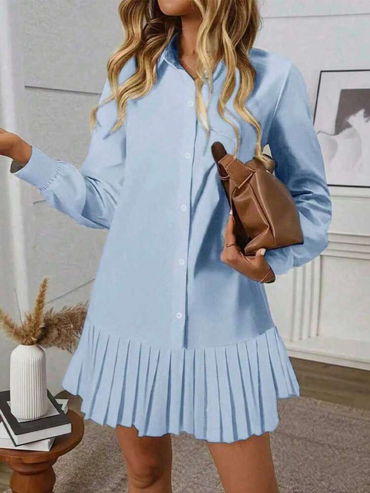 Women's Elegant Solid Color Pleated Collar Front Button Closure Side Slit Shirt Dress Spring | SHEIN