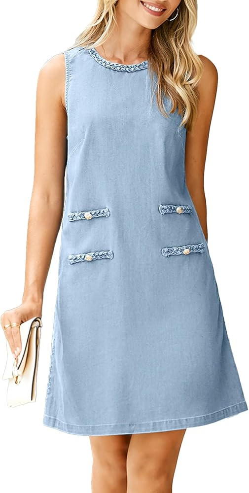 Simplee Womens Denim Dress Summer Sleeveless Casual Mini Dresses Crewneck Western Jean Dress with... | Amazon (US)