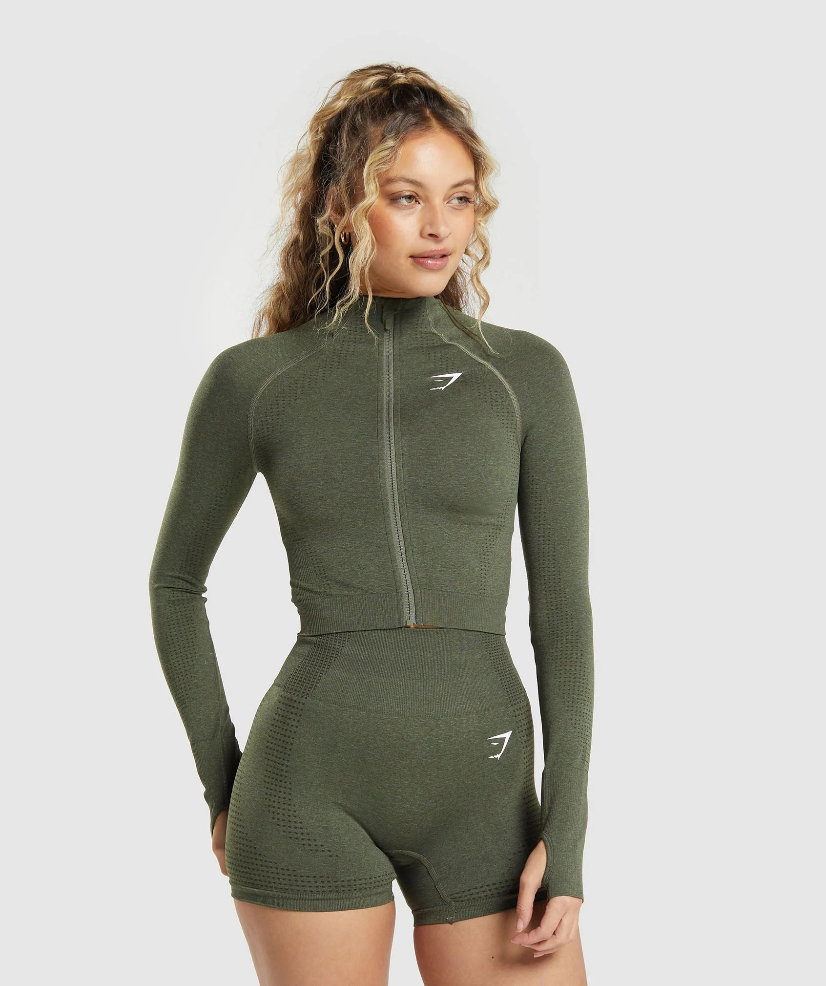Gymshark Vital Seamless 2.0 Midi Zip Up Jacket - Base Green Marl | Gymshark US