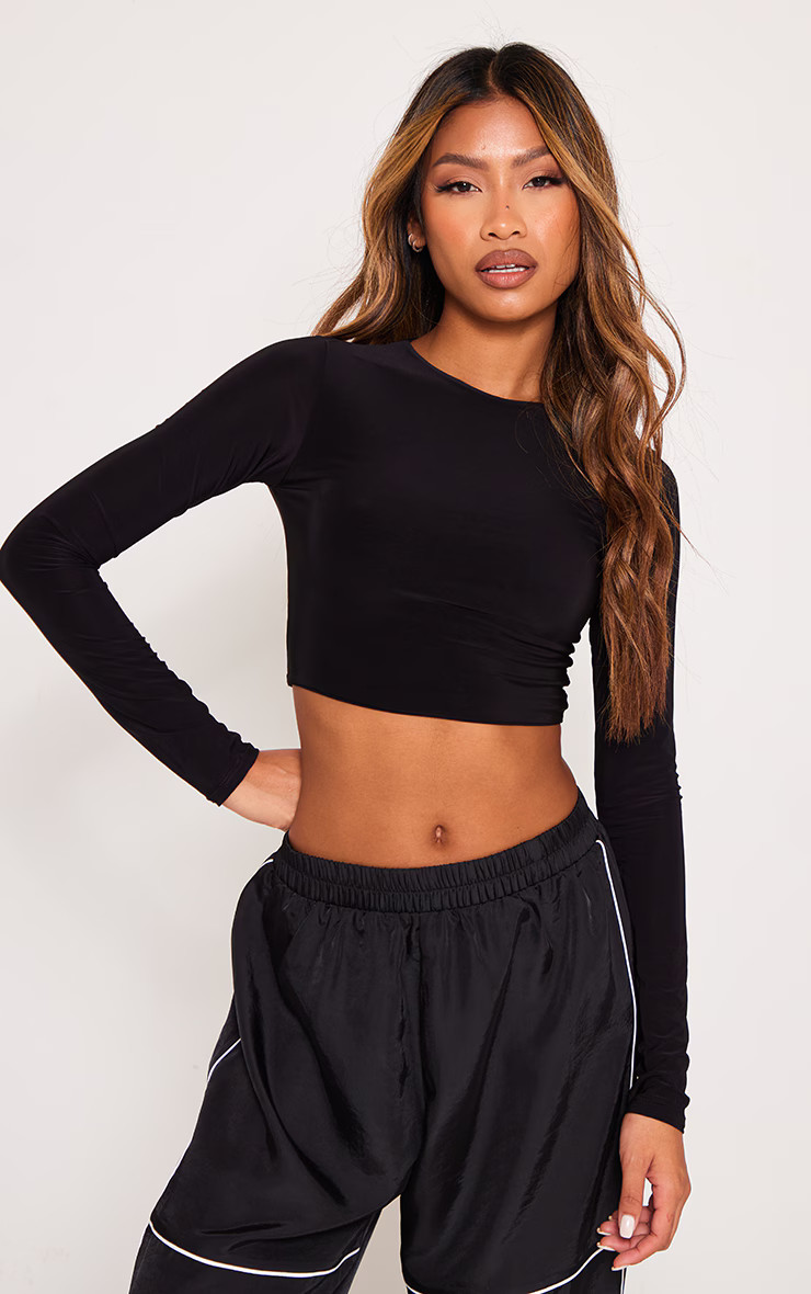 Black Basic Slinky Long Sleeve Crop Top | PrettyLittleThing UK
