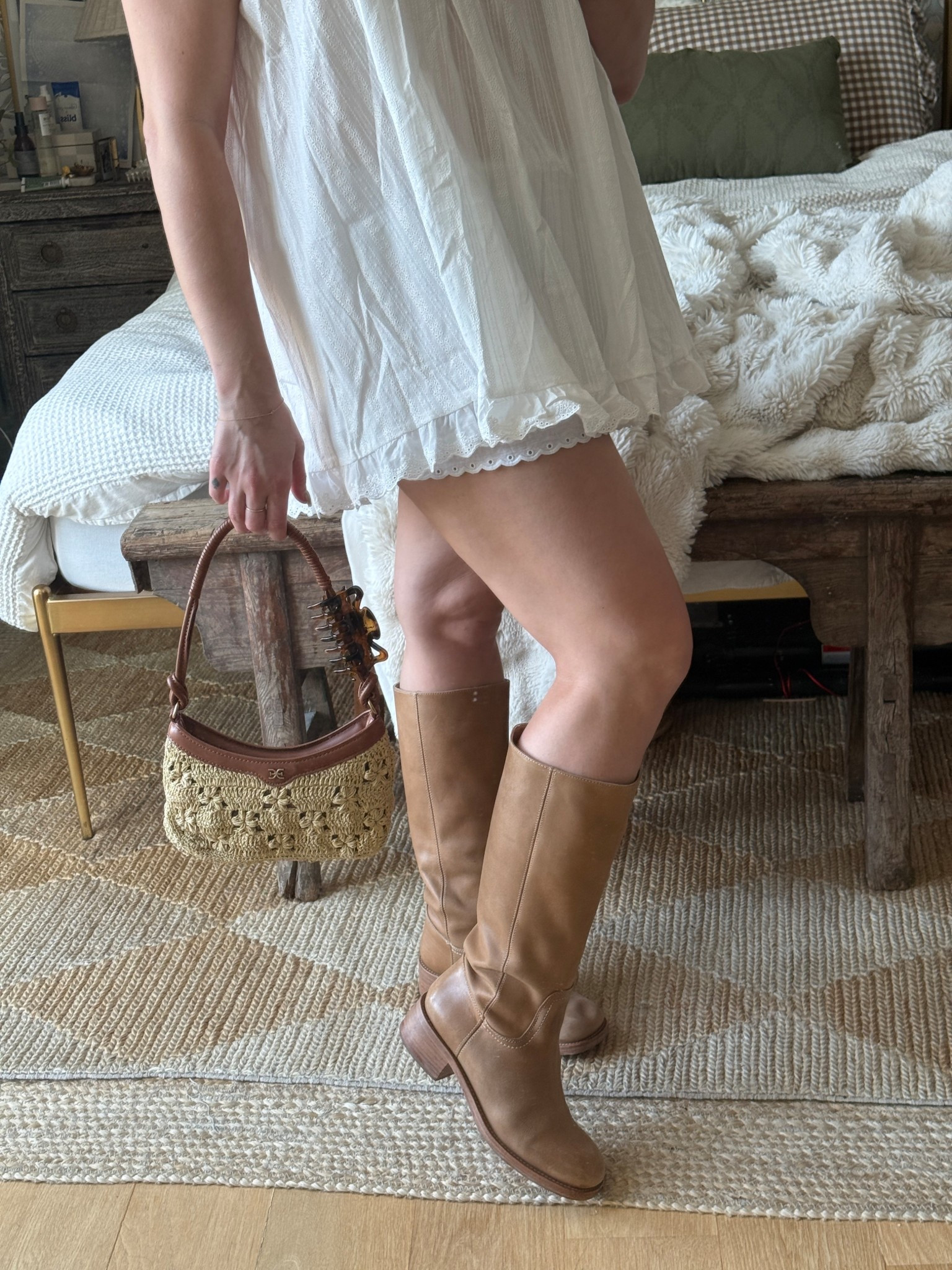 Steve Madden wide calf rigg boots 
Cider loose fitting white dresss

#LTKFestival #LTKdayinmylife #LTKMidsize