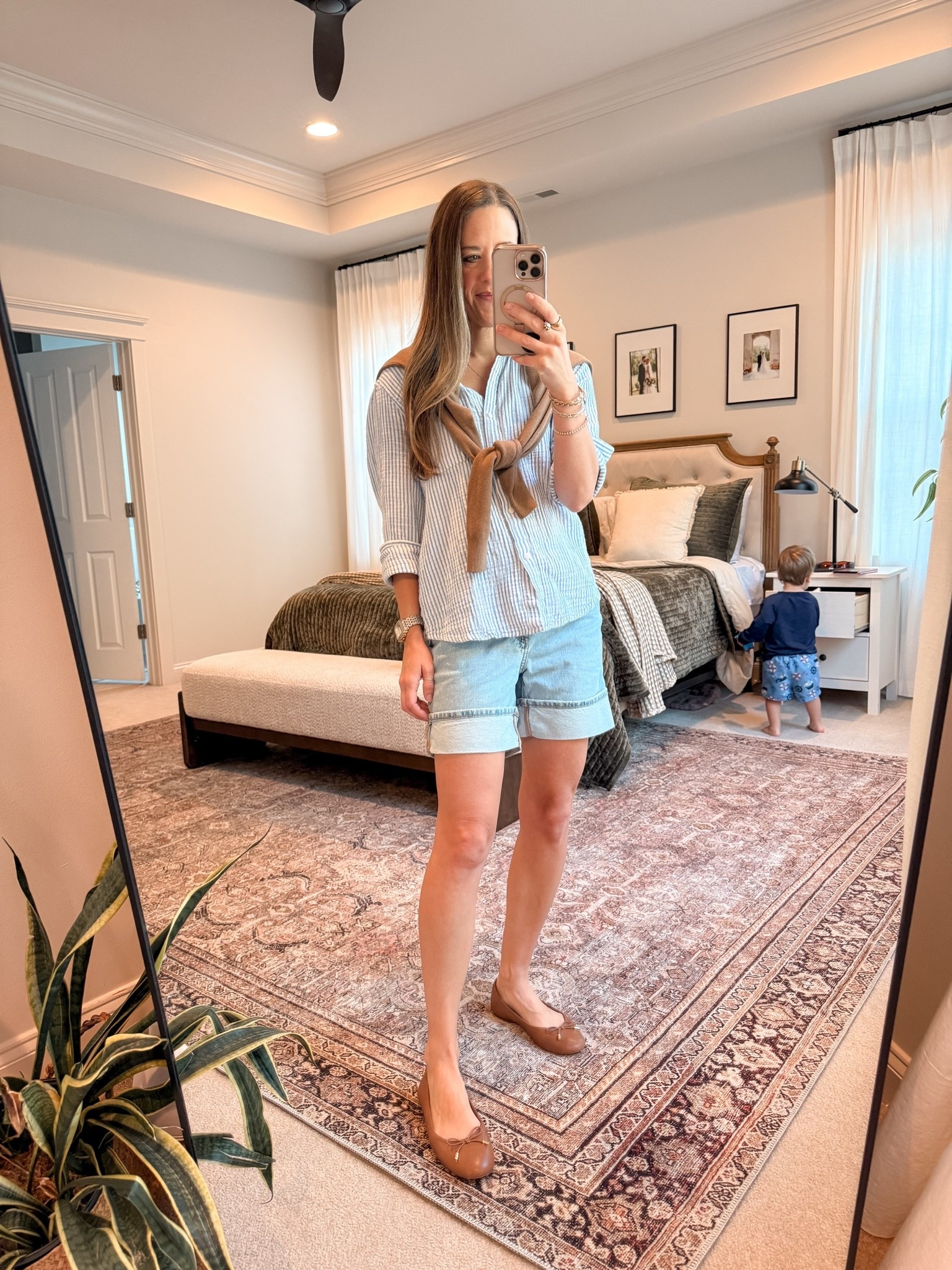 Mom outfit, but make it chic 🤍

Wearing a Quince gauze button down with mid-length denim shorts and a lightweight sweater over the shoulders for an easy polished layer. Simple, practical, and still put together for summer mom life, errands, travel days, or a casual weekend.

Use my Quince code: INFG-26LINENANDLIGHTCO10

#LTKootd #LTKmomlife #LTKgrwm