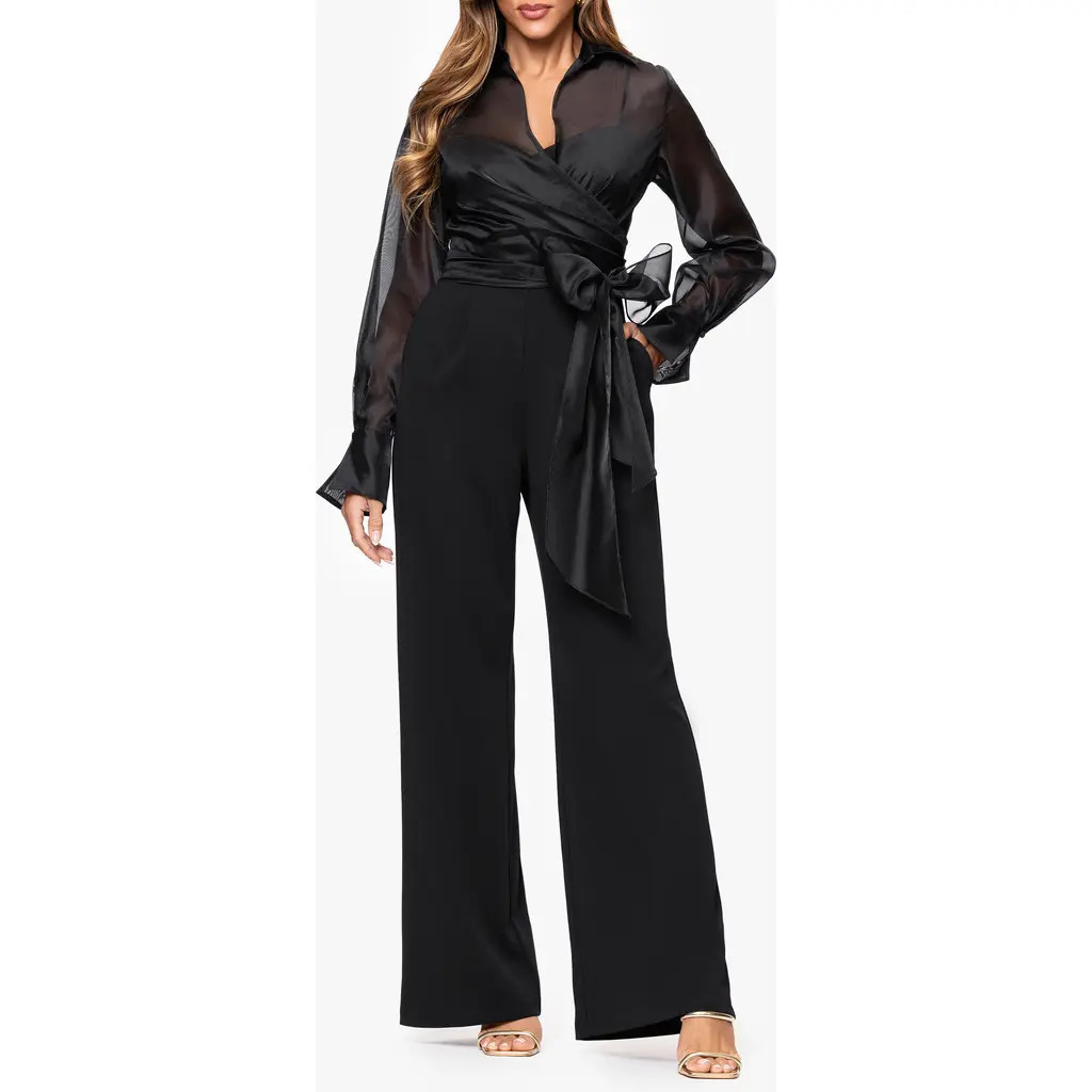 Xscape Evenings Mixed Media Long Sleeve Jumpsuit in Black at Nordstrom, Size 12 | Nordstrom