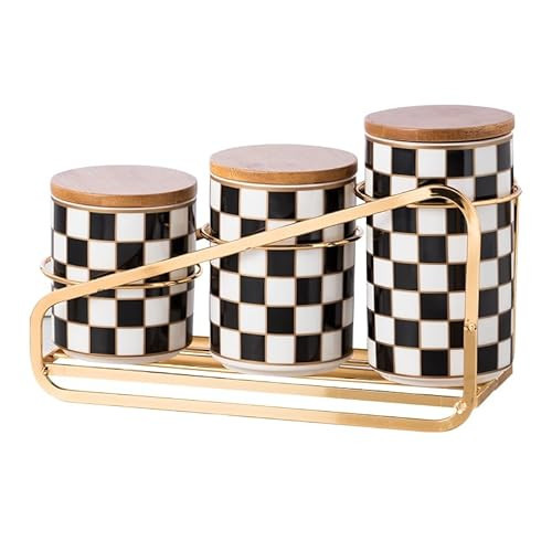 XYQXYQ Kitchen Countertop Ceramic Checkered Canisters Set, 3Pcs Grid Pattern Kitchen Jars with Layered Shelves, Sealed Countertop Flour and Sugar Containers, Coffee and Tea Storage | Amazon (US)