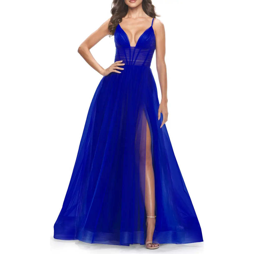 La Femme A-Line Tulle Gown with Illusion Bodice and Boning in Royal Blue at Nordstrom, Size 2 | Nordstrom