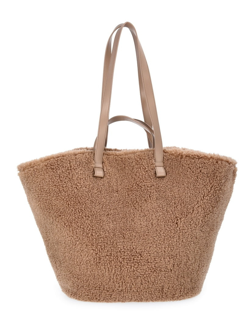 Time and Tru Women's Faux Shearling Tulip Tote Handbag, Tan | Walmart (US)