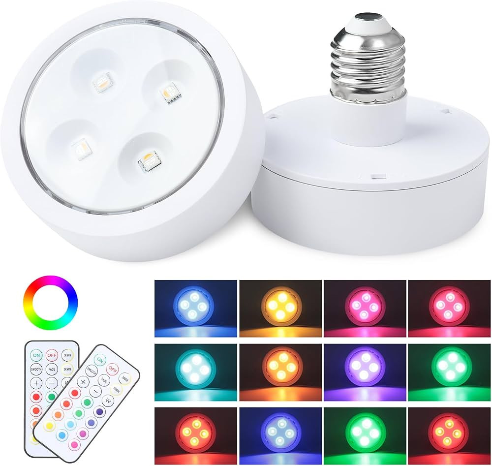 KELUOLY 2 Pack Battery Operated Light Bulbs,Dimmable E26 Battery Bulb, 13 Colors RGB LED Puck Lig... | Amazon (US)