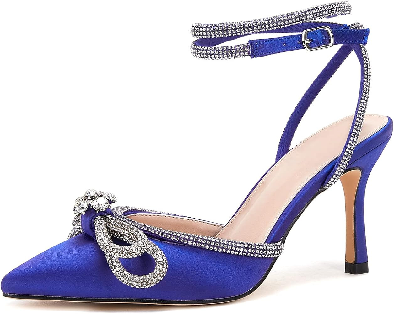 Women's Double Bow Pointed Toe Ankle Strap Crystal Pumps Wedding Bridal Party Stilettos Backless Sat | Amazon (US)