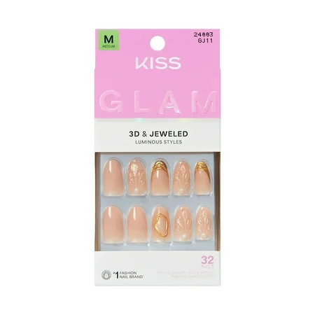 KISS GLAM 3D & Jewel Press On Nails ‘Blossoming Love’ Beige Medium Round 32 Count | Walmart (US)