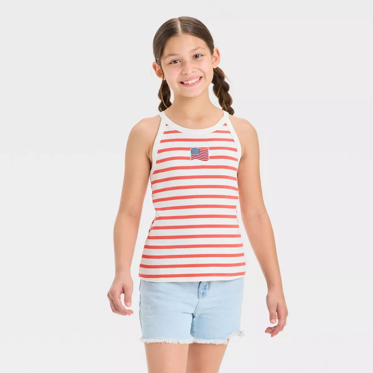 Girls' American Flag Striped Graphic Tank Top - art class™ Red/Off-White | Target