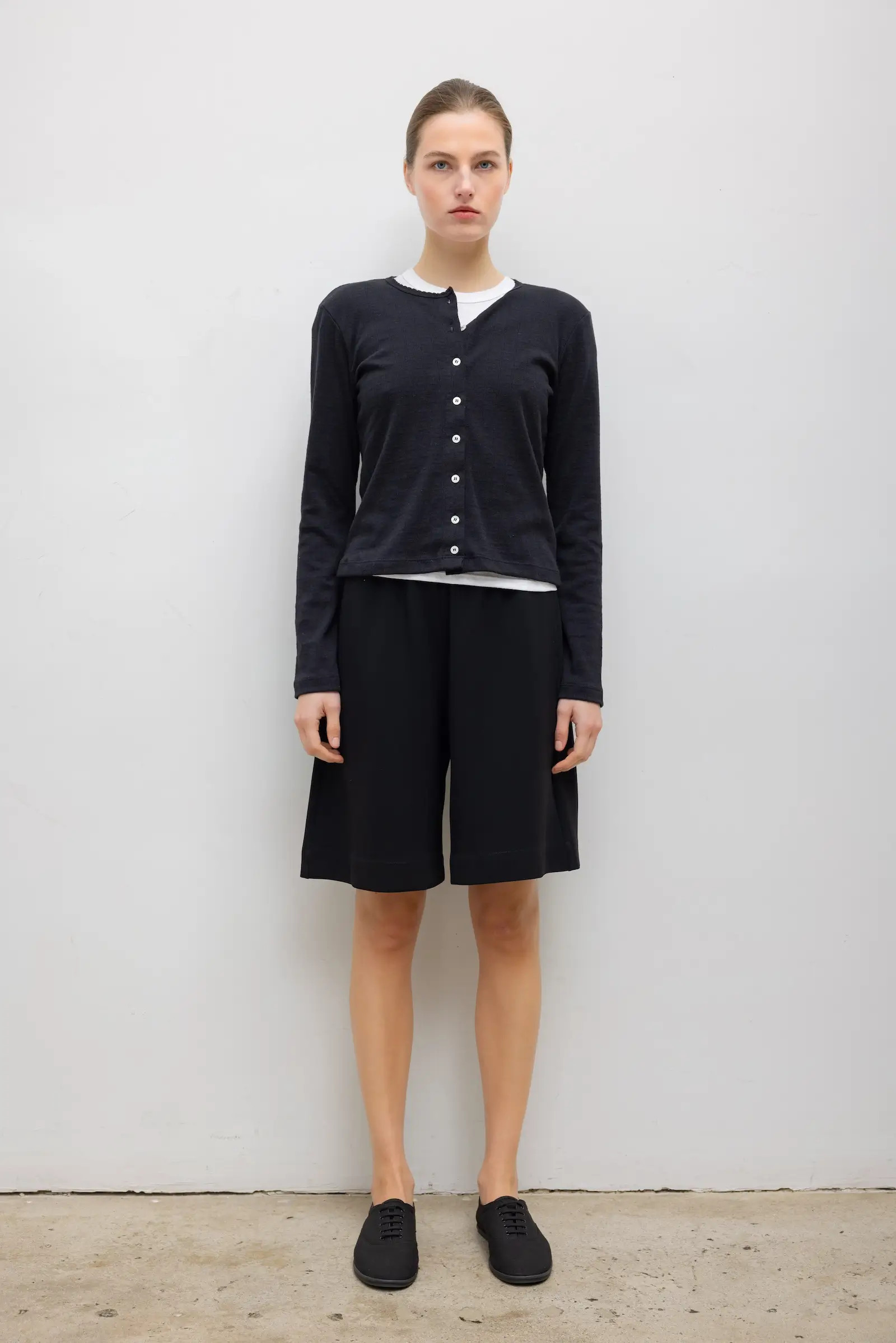 LESET Pointelle Classic Cardigan II in Black in Cotton | LESET