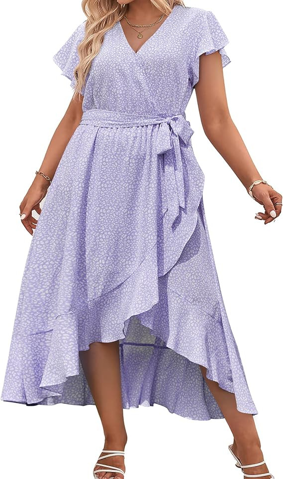 IN'VOLAND Plus Size Womens Floral Summer Dress Casual Wrap V Neck Short Sleeve Belted Beach Bohem... | Amazon (US)