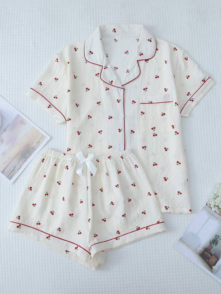 Cherry Printed Sweet Sleepwear Set With Lapel Button Up Top And Bowknot Shorts For Women | SHEIN