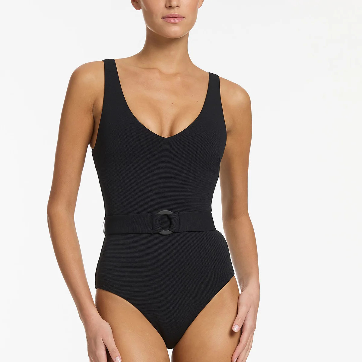 Isla Rib V-Neckline Belted One Piece - Black | JETS Australia