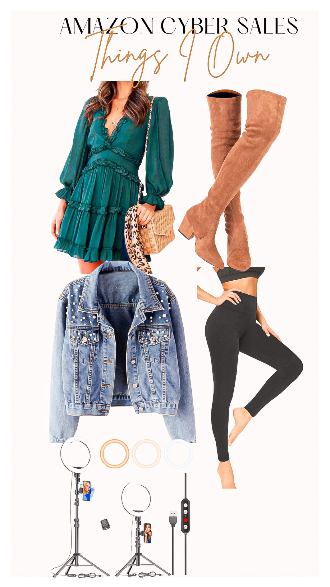Amazon cyber sales 
Things I own and would purchase again 🤎

Green dress, holiday dress, Christmas, Christmas dress, knee high boots, Jean jacket, Pearl jean jacket, leggings, ring light, Amazon finds , Amazon cyber deals, cyber Monday, gift guide, Womens gift guide 

#LTKCyberWeek #LTKfindsunder50 #LTKGiftGuide