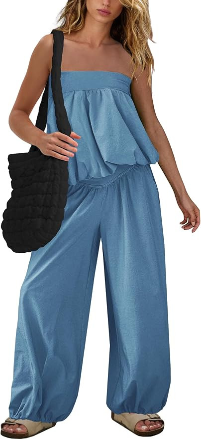 SENSERISE Pants Sets Women 2 Piece Outfits Bubble Off Shoulder Strapless Tube Top Wide Leg Pants ... | Amazon (US)