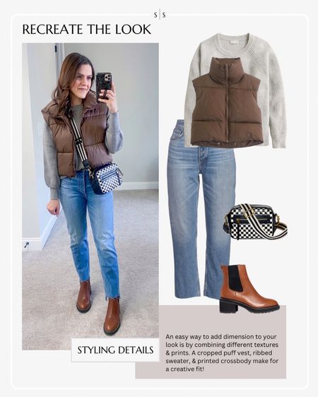 Recreate the Look | Winter outfit idea | crop straight leg denim, puffer cropped vest, crewneck sweater, lug boot

casual outfit, weekend wear 

#LTKover40 #LTKstyletip