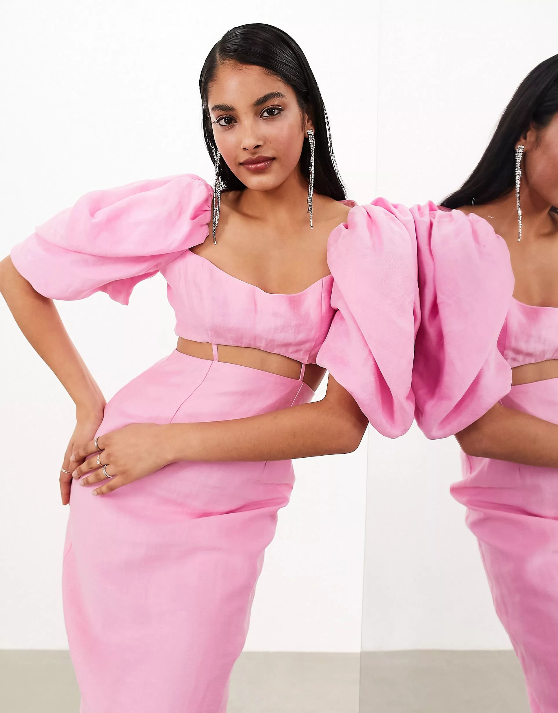 ASOS EDITION washed puff sleeve midaxi dress with cut out waist detail in pink | ASOS (Global)