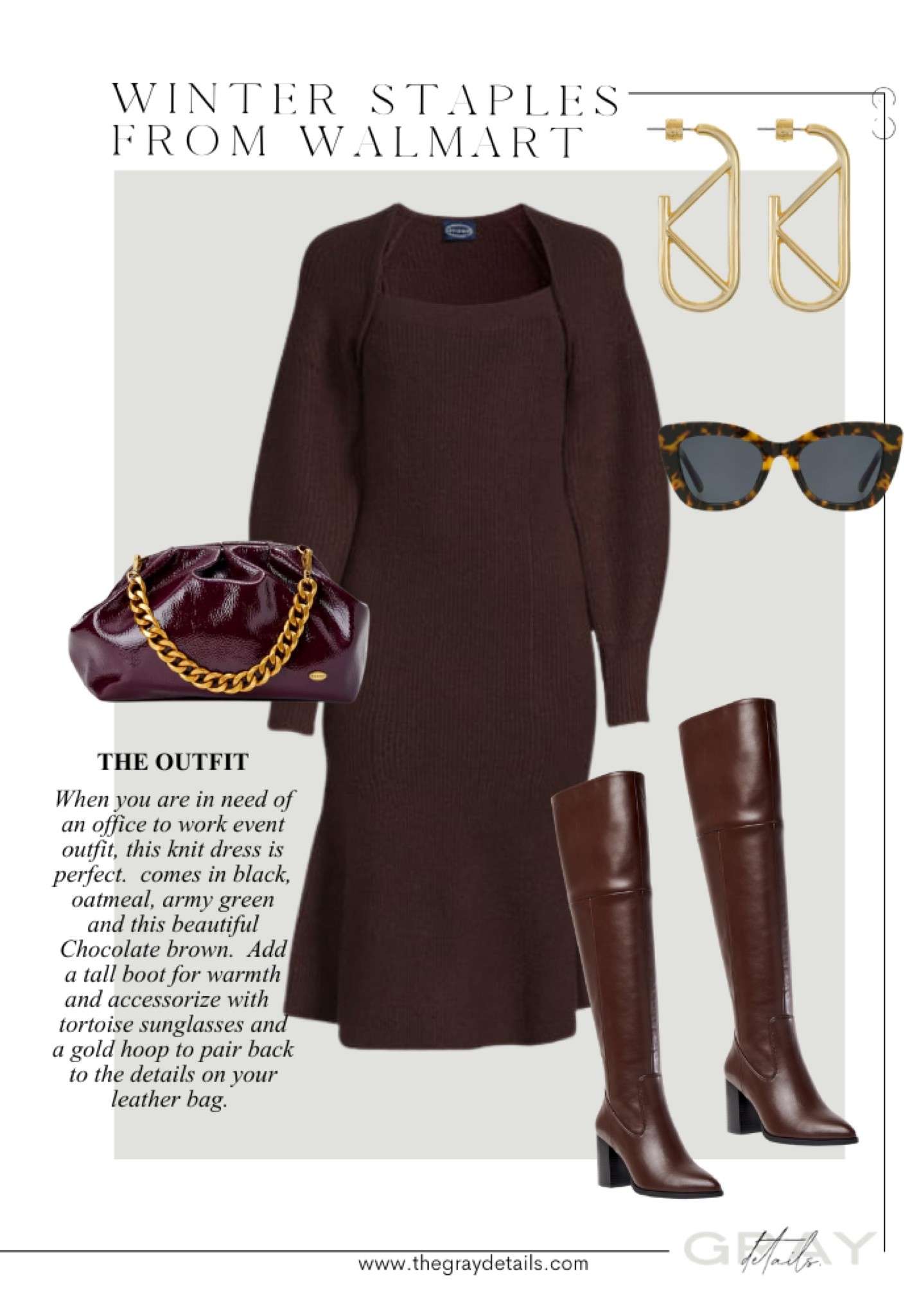 an affordable office to work event outfit, this knit dress is perfect.  comes in black, oatmeal, army green and this beautiful Chocolate brown.  Add a tall boot for warmth and accessorize with  tortoise sunglasses and a gold hoop to pair back to the details on your leather bag.

#LTKunder50 #LTKunder100 #LTKworkwear