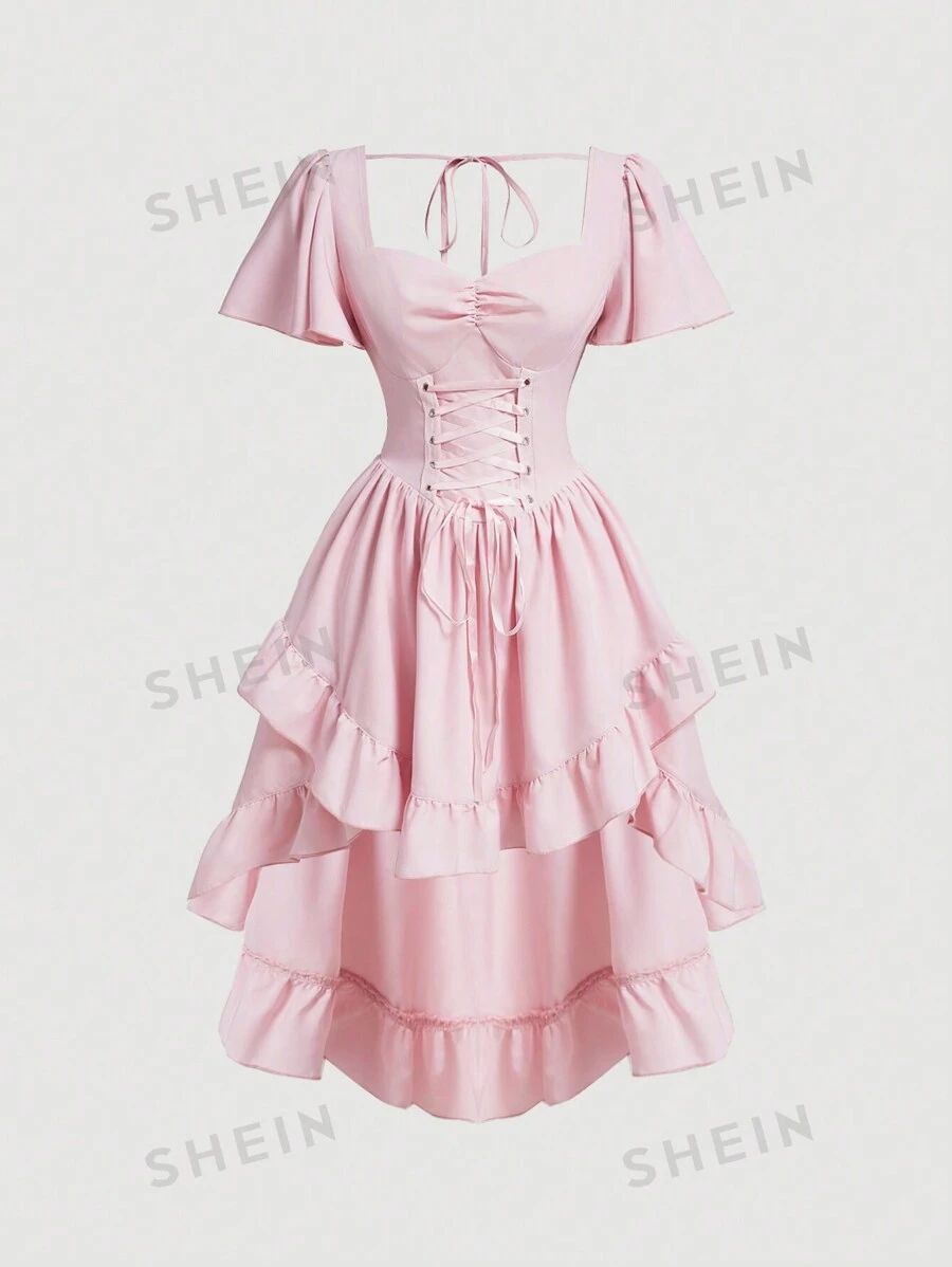 SHEIN MOD Women's Solid Color Ruffle Trim Crisscross Back Diamond Neckline Dress | SHEIN