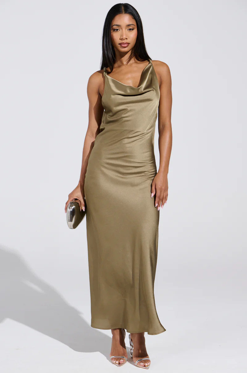 BELLA SATIN MAXI DRESS IN OLIVE | AKIRA