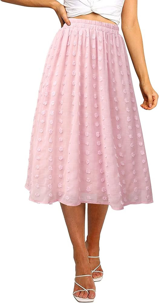 Ezcosplay Women's Boho Swiss Dot High Elastic Waist Pleated A-Line Midi Skirt | Amazon (US)