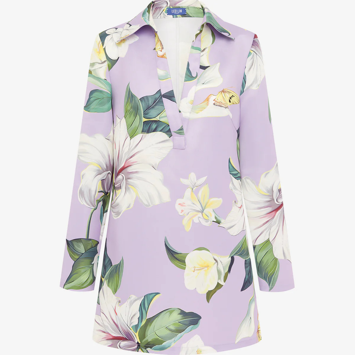 Acacia Shirt Mini Dress - Lily Blossom Print in Lilac | LEO LIN US